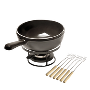 Emile Henry Cheese Fondue Set in charcoal, featuring a ceramic pot on a metal stand with burner, and wooden-handled forks for communal dining.