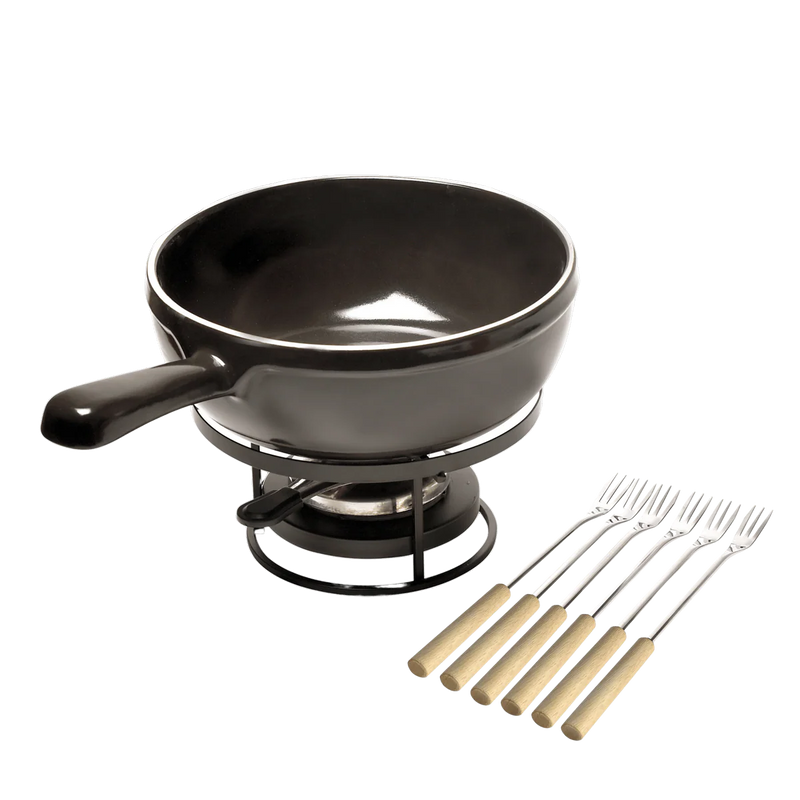 Emile Henry Cheese Fondue Set in charcoal, featuring a ceramic pot on a metal stand with burner, and wooden-handled forks for communal dining.