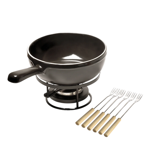 Emile Henry Cheese Fondue Set in charcoal, featuring a ceramic pot on a metal stand with burner, and wooden-handled forks for communal dining.