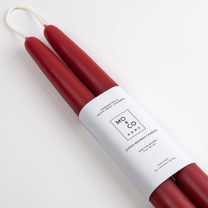 Mo&Co Home - Berry Red Dipped Beeswax Taper Candles, 14 Inch, handcrafted with cotton wicks, showcasing eco-conscious, 100% U.S. beeswax craftsmanship from Pacific Grove, CA.