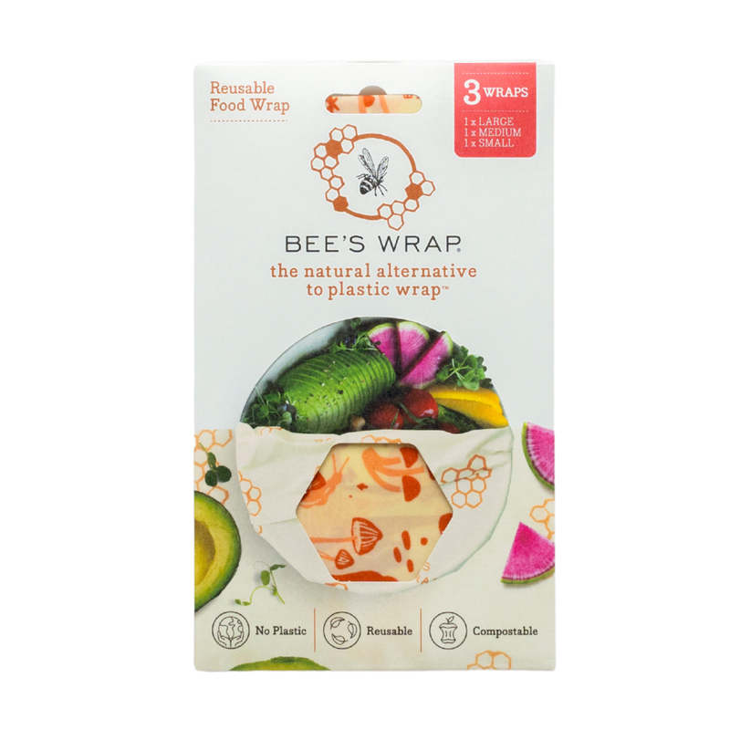 Bee's Wrap - Assorted 3 Pack - Mushroom Magic, Limited Edition: Reusable, compostable food wraps with mushroom pattern, featuring three sizes visible in front window.