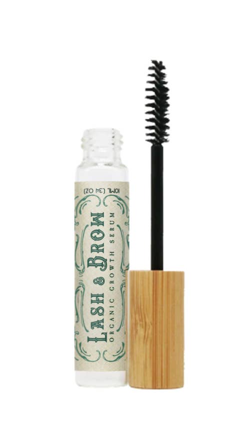 Roots And Leaves - Organic Eyelash & Brow Serum in a 10 ml mascara bottle with an applicator brush, supporting natural lash and brow growth.