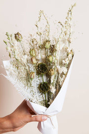 Idlewild Floral Co. - Sage Small Field Bouquet, a handcrafted arrangement of dried botanicals, wrapped in white paper with twine, perfect for a 4-6 vase.