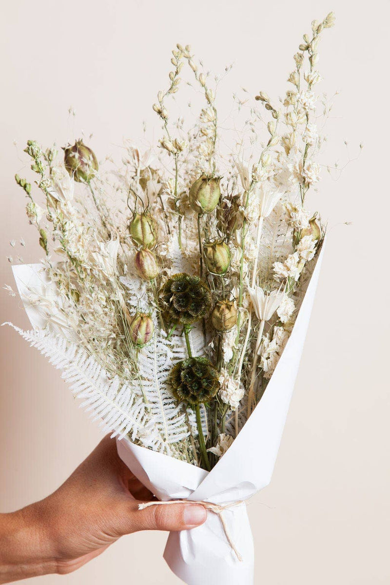 Idlewild Floral Co. - Sage Small Field Bouquet, a handcrafted arrangement of dried botanicals, wrapped in white paper with twine, perfect for a 4-6 vase.