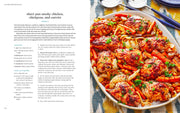 Penguin Random House LLC - The Mediterranean Dish cookbook spread showcasing a smoky chicken recipe with vibrant photo of the finished dish on a chickpeas and carrots bed.