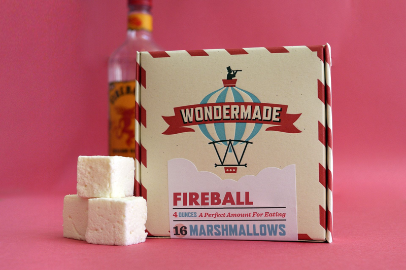 Wondermade - Fireball Marshmallows in a box with 16 spicy, whiskey-inspired cubes, perfect for gifting or indulging, crafted with real cane sugar.