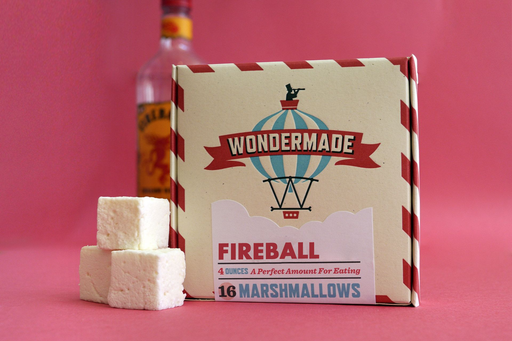 Wondermade - Fireball Marshmallows in a box with 16 spicy, whiskey-inspired cubes, perfect for gifting or indulging, crafted with real cane sugar.