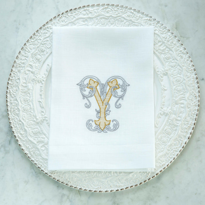 Crown Linen Designs | Vintage Vine Monogram Tri-Fold Napkin.