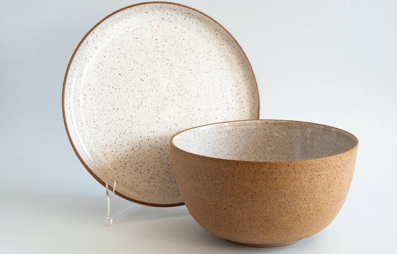 RachaelPots - Salad Serving Bowl: Nude/Sage, featuring a tall, speckled ceramic design with a sandy-brown exterior and off-white interior, perfect for serving 6-8 people.