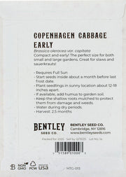 Bentley Seed Co. - Cabbage-Copenhagen Early 1909 seed packet, featuring instructions and icons for Non-GMO, recyclable packaging, and Made in the USA. Ideal for slaws and sauerkraut.