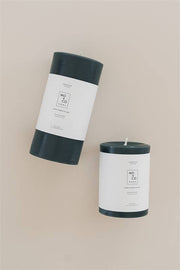 Mo&Co Home - Forest Green 100% Beeswax Pillar Candle, hand-poured, eco-friendly, two sizes available, set against a minimalist backdrop, ideal for elegant gatherings.