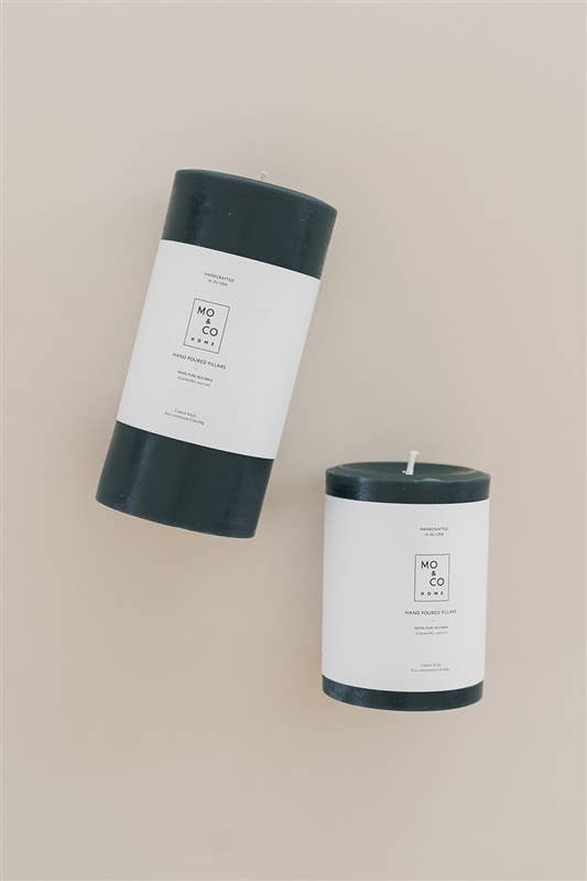 Mo&Co Home - Forest Green 100% Beeswax Pillar Candle, hand-poured, eco-friendly, two sizes available, set against a minimalist backdrop, ideal for elegant gatherings.