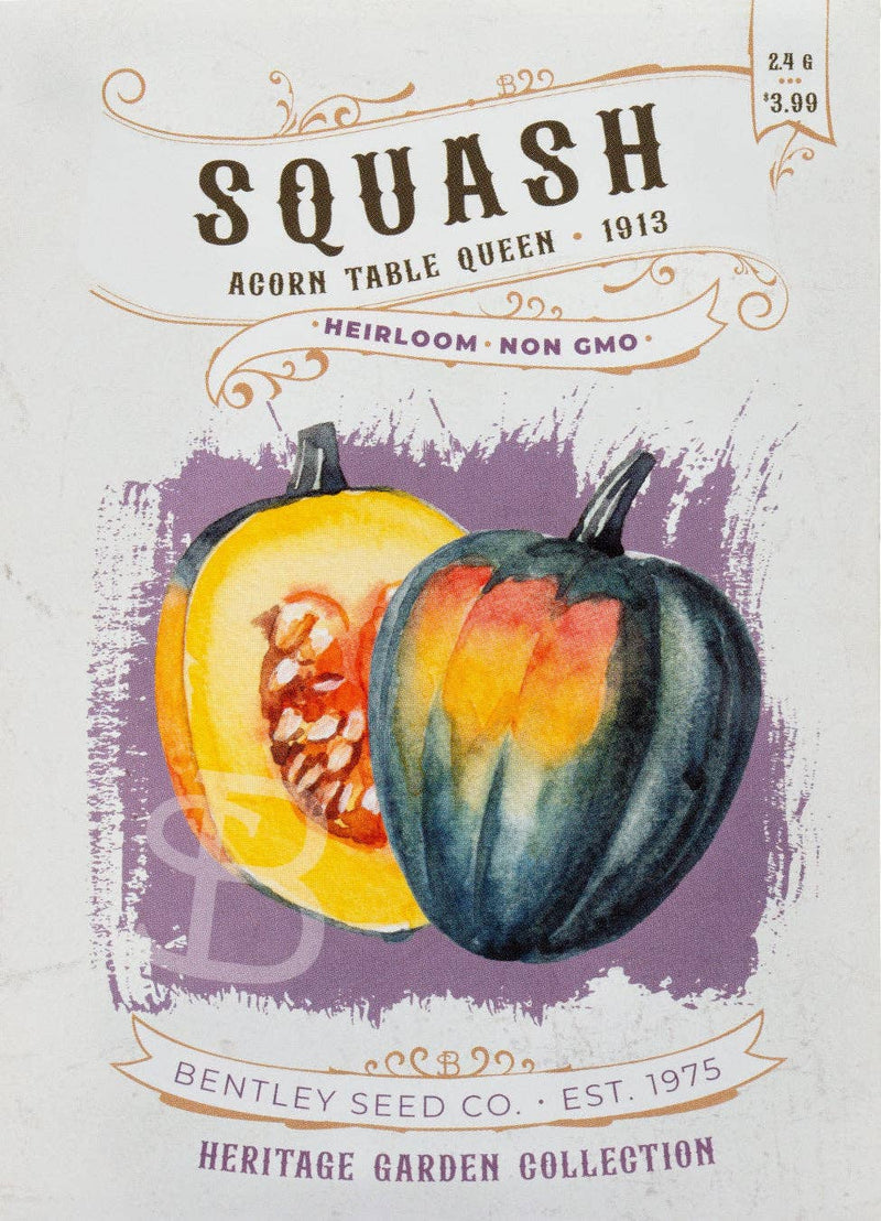 Bentley Seed Co. - Squash-Acorn Table Queen 1913 seed packet with a vintage illustration of whole and sliced acorn squash, part of Heritage Garden Collection.
