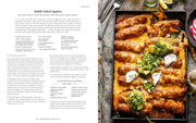 Double-baked taquitos on a sheet pan, topped with sour cream, avocado, and cilantro, featured in Half Baked Harvest Quick & Coz cookbook by Tieghan Gerard.