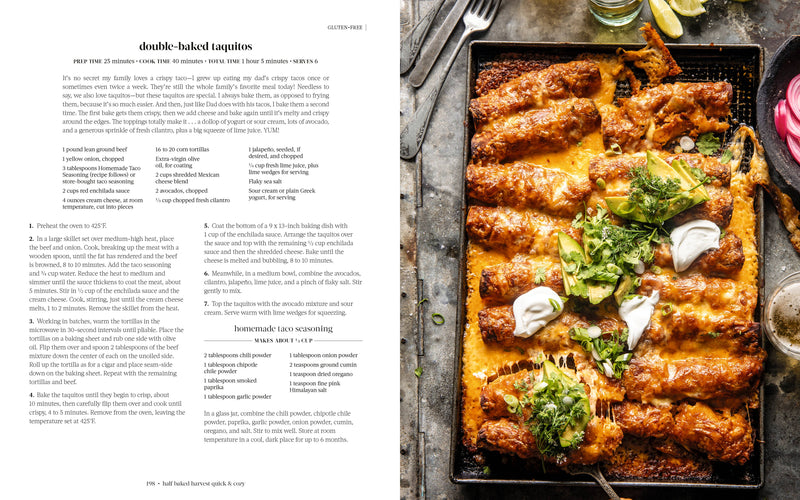 Double-baked taquitos on a sheet pan, topped with sour cream, avocado, and cilantro, featured in Half Baked Harvest Quick & Coz cookbook by Tieghan Gerard.