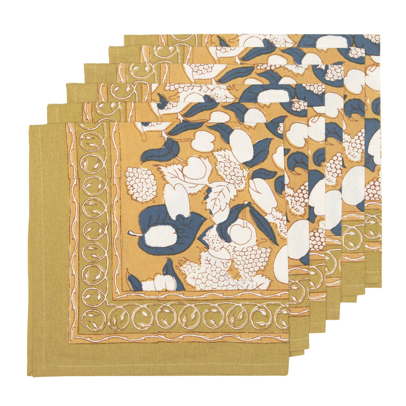 Couleur Nature - Forest Harvest Mustard & Blue Napkins - Set of 6, showcasing hand-printed fruit motifs and foliage on mustard-yellow fabric, ideal for enhancing any dining experience.