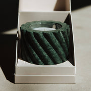 Emerald Green Marble Refillable Candle in a spiral-fluted holder, packaged in a luxurious white box. Unique marble vessel, perfect for elegant kitchen settings.