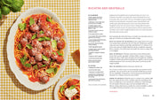 Wishbone Kitchen Cookbook spread featuring a Bucatini and Meatballs recipe, showcasing elegant, unfussy cooking with a professional yet whimsical touch.
