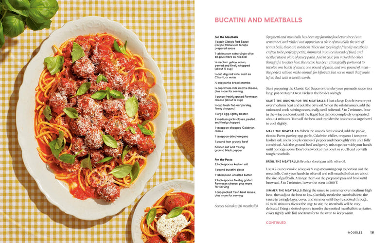 Wishbone Kitchen Cookbook spread featuring a Bucatini and Meatballs recipe, showcasing elegant, unfussy cooking with a professional yet whimsical touch.