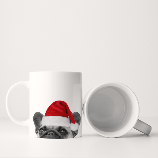 Perkie Prints - Santa Hat Frenchie Mug with a French bulldog face in a Santa hat, perfect for festive sipping.