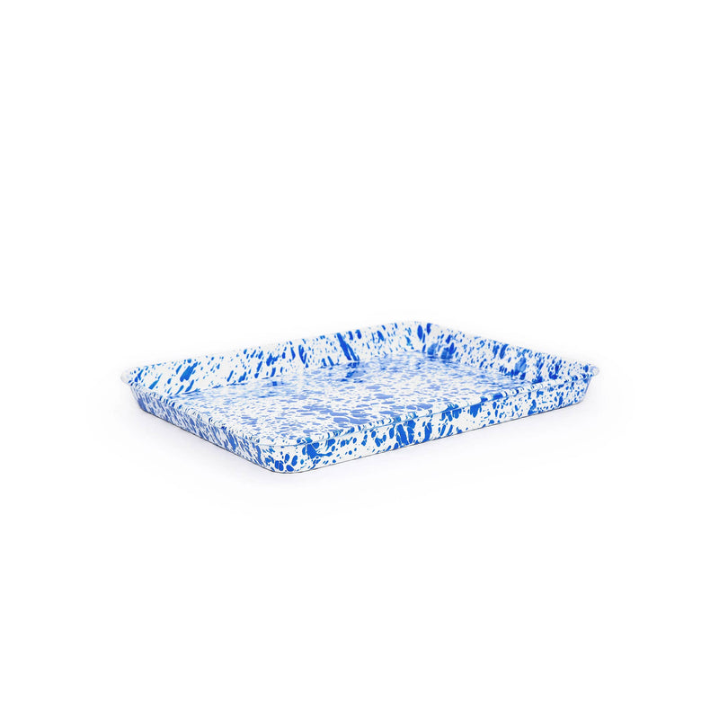 Crow Canyon Home - Splatter Enamelware Small Rectangular Tray: Blue, featuring a durable white and blue splatter pattern, perfect for versatile cooking and easy cleaning.