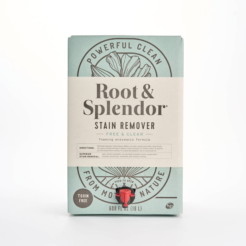 Root and Splendor - Bulk Stain Remover: 18 L box with spigot, enzyme-based formula, perfect for eco-friendly, refillable use in kitchens.