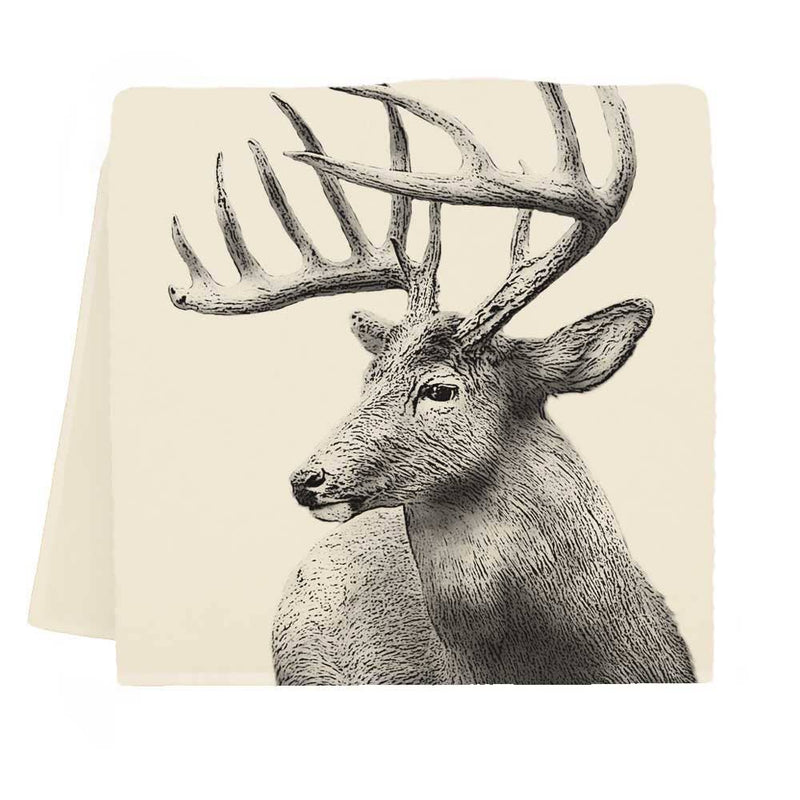 Eric & Christopher - American Woodlands Collective Buck #4 Tea Towel featuring a detailed stag head sketch, crafted from 100% pre-shrunk, flour sack cotton.