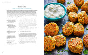 The Mediterranean Dish cookbook spread: shrimp kofta recipe with ingredients, instructions, and photo of golden-brown kofta garnished with parsley and dipping sauce.
