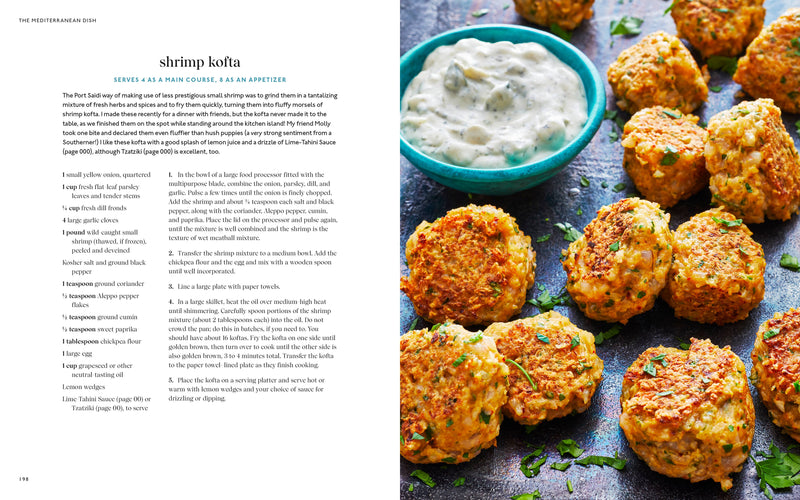 The Mediterranean Dish cookbook spread: shrimp kofta recipe with ingredients, instructions, and photo of golden-brown kofta garnished with parsley and dipping sauce.