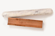 Verve Culture - White Marble Rolling Pin and Wood Base displayed against a white background, showcasing a smooth marble finish and a simple wooden dough scraper.
