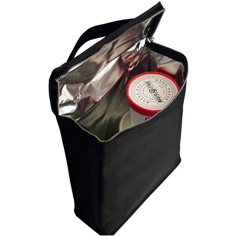 CapaBunga® - Market Tote Insulated Insert (Black) with an unzipped top, showcasing a Salt & Straw ice cream tub inside, ideal for keeping items chilled.