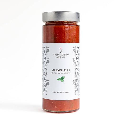 Zia Pia - Al Basilico Tomato Sauce with Basil by Italianavera, a tall glass jar with a white label, showcasing handmade Italian sauce with fresh basil.