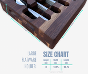 Loudblade - Custom Solid Walnut Wooden Flatware Drawer Organizer with slots for cutlery, dimensions marked for Height, Width, and Length.