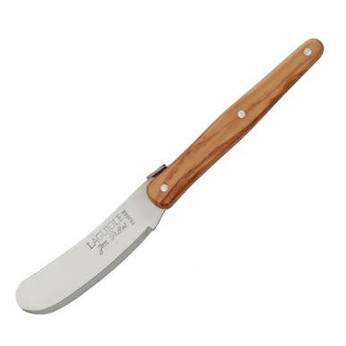 The French Farm - Jean Dubost Mini Spreader Rustic Olive Wood: A folding spreader knife with stainless-steel blade and olive wood handle, ideal for soft cheeses and pâtés.