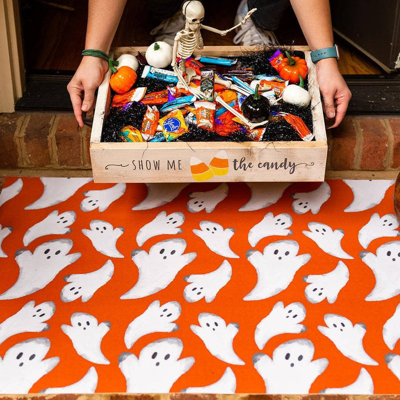 Carolina Creekhouse - Fab-Boo-Lous FloorFlat: Fab-Boo-Lous Orange / 2'x3' doormat featuring white ghost silhouettes, perfect for stylish Halloween porch decor.