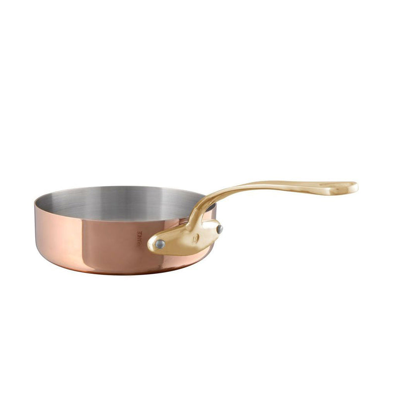 Mauviel | M'''Heritage M'''200 B, 3.3-qt Saute Pan with Lid, features a polished copper exterior, stainless-steel interior, and brass handle, ideal for searing and sautéing.