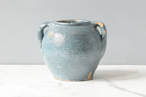 etúHOME | Found Confit Garden Pot, Large: A rustic, blue-green ceramic vase with loop handles, showcasing a vintage, handmade charm ideal for kitchen decor.
