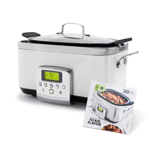 GreenPan | 6 Quart Slow Cooker - Cloud Cream with Thermolon™ Volt ceramic nonstick coating, ideal for searing and slow cooking, showcased for versatile kitchen use.
