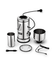 Aarke Coffee Grinder, a sleek silver and black machine, featuring a close-up of its durable metal components, ideal for precision grinding in any kitchen.