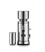 Aarke | Coffee Grinder showcased with a cup, highlighting its sleek silver design, reflecting Athens Cooks' dedication to quality kitchen appliances.