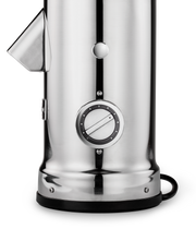 Aarke | Coffee Grinder, a sleek silver and black kitchen appliance, featuring a close-up of its precision dial and cylindrical design, ideal for modern culinary spaces.