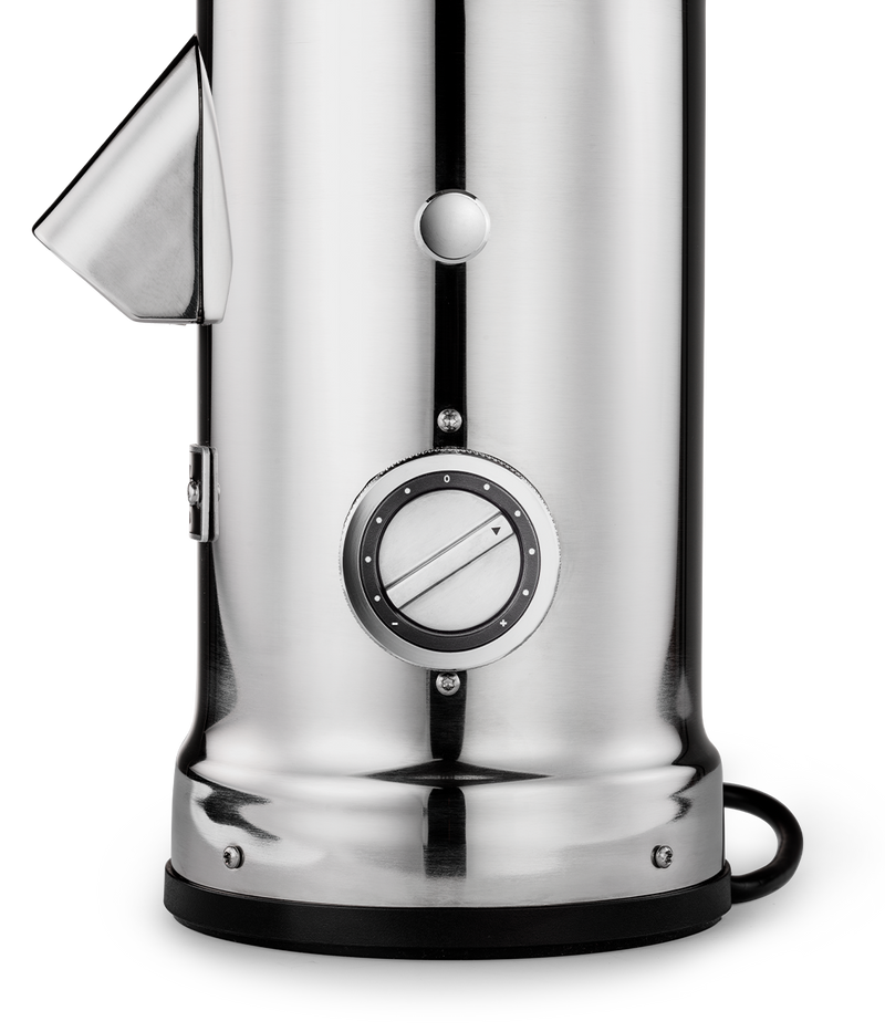Aarke | Coffee Grinder, a sleek silver and black kitchen appliance, featuring a close-up of its precision dial and cylindrical design, ideal for modern culinary spaces.