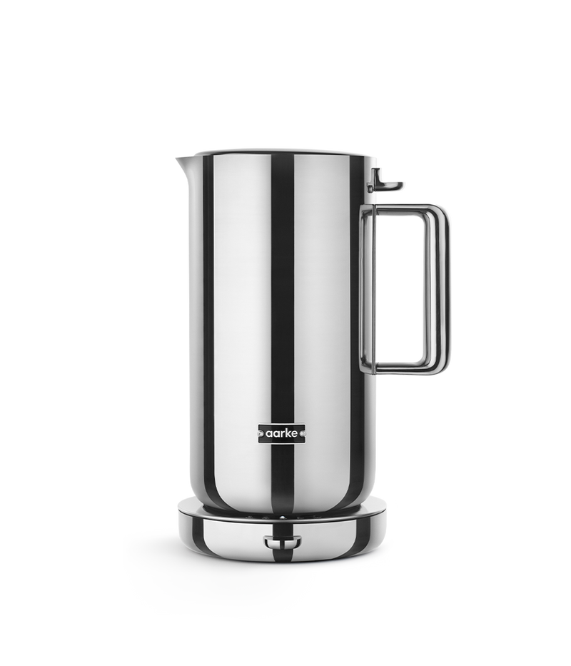 Aarke stainless steel kettle, elegantly designed with a seamless, modern appearance, perfect for efficient water heating, showcased by Athens Cooks kitchen store.