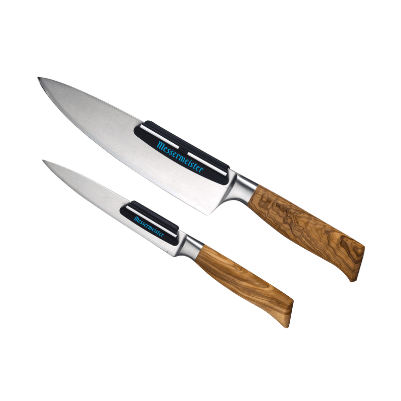 Messermeister | Sharpening Angle Guide Set displayed with two knives, showcasing black guards for perfect blade alignment and precision sharpening for chef and paring knives.