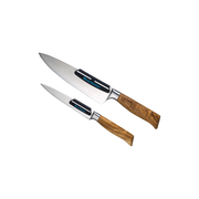 Messermeister Sharpening Angle Guide Set on two knives, featuring stainless-steel blades and olive-wood handles, designed for precise sharpening with professional-level results.