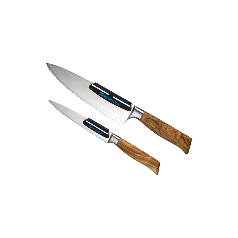 Messermeister Sharpening Angle Guide Set on two knives, featuring stainless-steel blades and olive-wood handles, designed for precise sharpening with professional-level results.