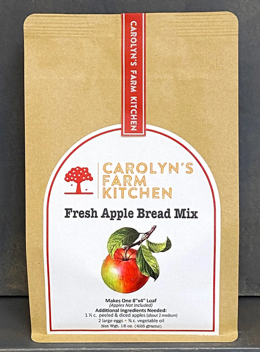 Carolyn's Farm Kitchen Fresh Apple Bread Mix in a paper pouch with apple illustration, requires added apples, eggs, and oil for an 8x4 loaf.