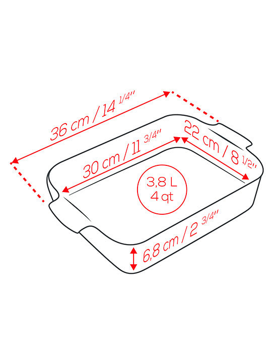 Peugeot | Appolia Rectangular Baking Dish schematic showing dimensions, suitable for gratins, offers 3.8L capacity, ideal for enhancing culinary creations.