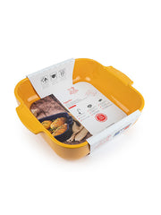Peugeot | Appolia Square Baking Dish, Saffron: A yellow, glazed stoneware dish with handles, ideal for even cooking and serving four to five guests.