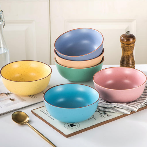 Novita | Mediterranean Fruit & Cereal Bowls: Ceramic bowls with frosted base, matte finish, brown rim lines, artistic spots, set of 6, durable and safe for multiple uses.